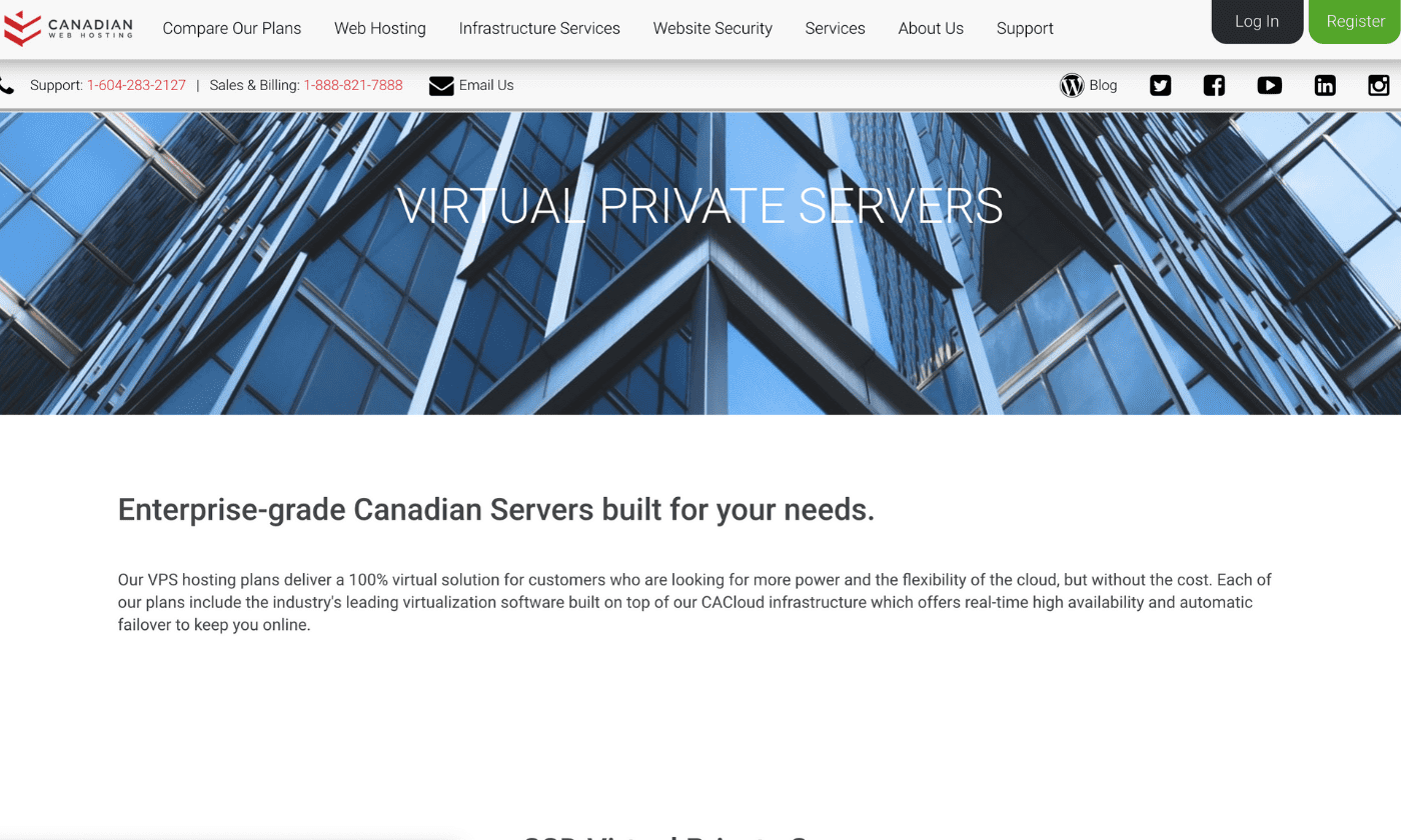 Canadian Web Hosting VPS page screenshot